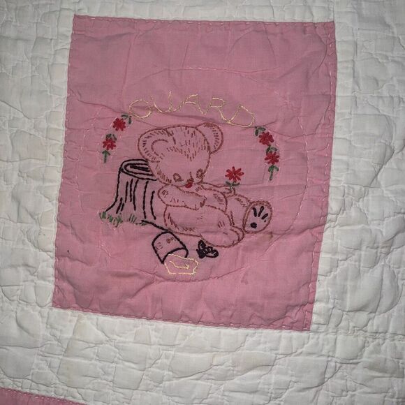 Vintage Baby Quilt Embroidered Goodnight Prayer Lay Me Down to Sleep 40” x 51” - Picture 9 of 16
